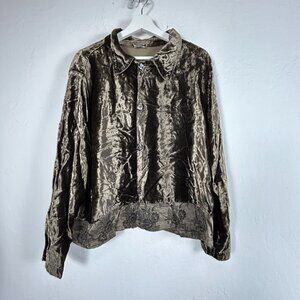 CP Shades Crushed Velvet Button-Up Shirt Blouse Small Floral Embroidered Hem